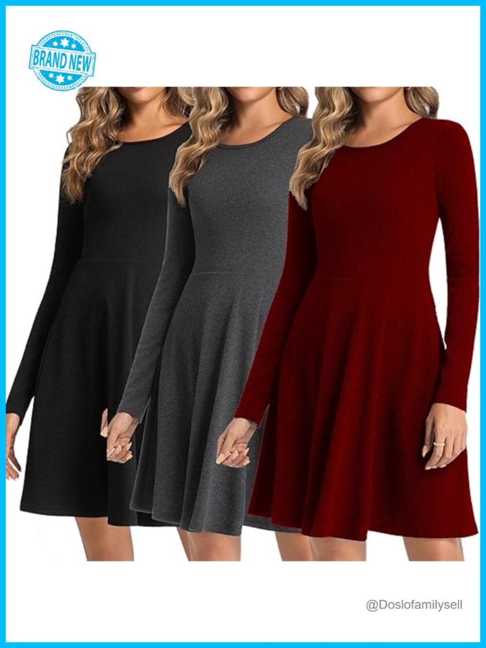 3 Pack Long Sleeve Ribbed Knit A-Line Flowy Casual Fashion Dresses